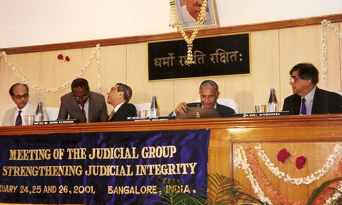 Second Meeting, Bangalore 2001: From left: Chief Justice Reddi of Karnataka State; Justice Barucha of the Supreme Court of India; Judge Weeramantry, Dr Nihal Jayawickrama
