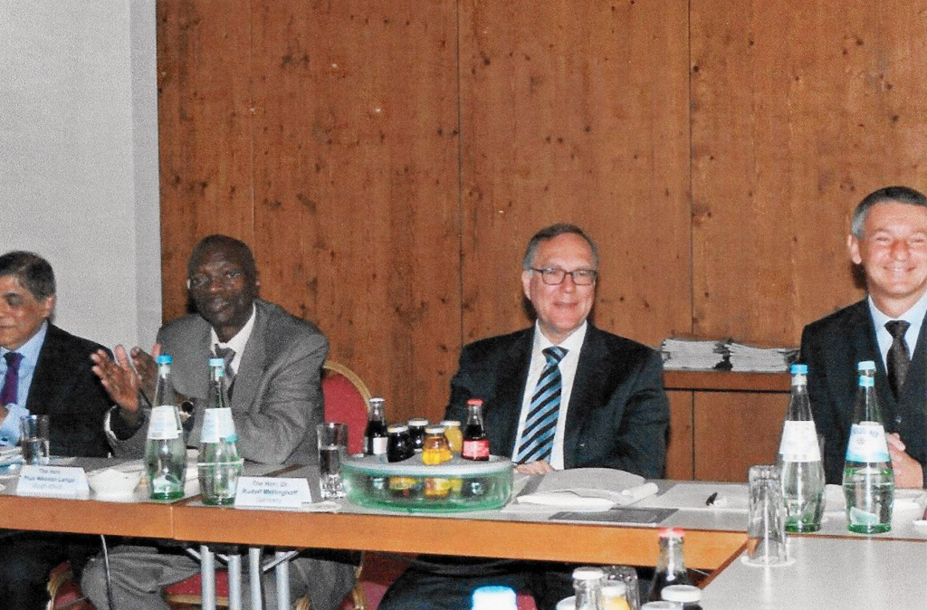 Seventh Meeting, Garmisch-Partenkirchen 2012: The Inaugural Session: Dr Nihal Jayawickrama, Hon. Pius Langa, Chief Justice of South Africa,  Hon. Dr Rudolf Mellinghoff, President of the Federal Supreme Court of Finance of Germany,  Thomas Dittmann. Director-General of the German Federal Ministry of Justice.