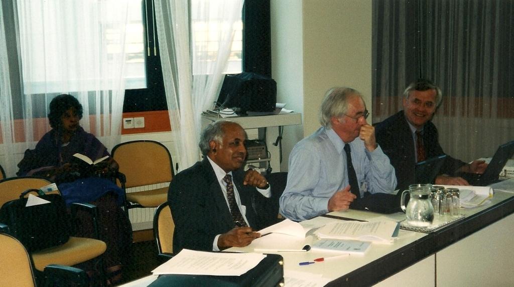 First Meeting, Vienna 2000: From left: Dato Param Cumaraswamy, UN Special Rapporteur on the Independence of Judges and Lawyers, Jeremy Pope, Dr Petter Langseth, Programme Manager, Global Programme against Corruption, UNCICP