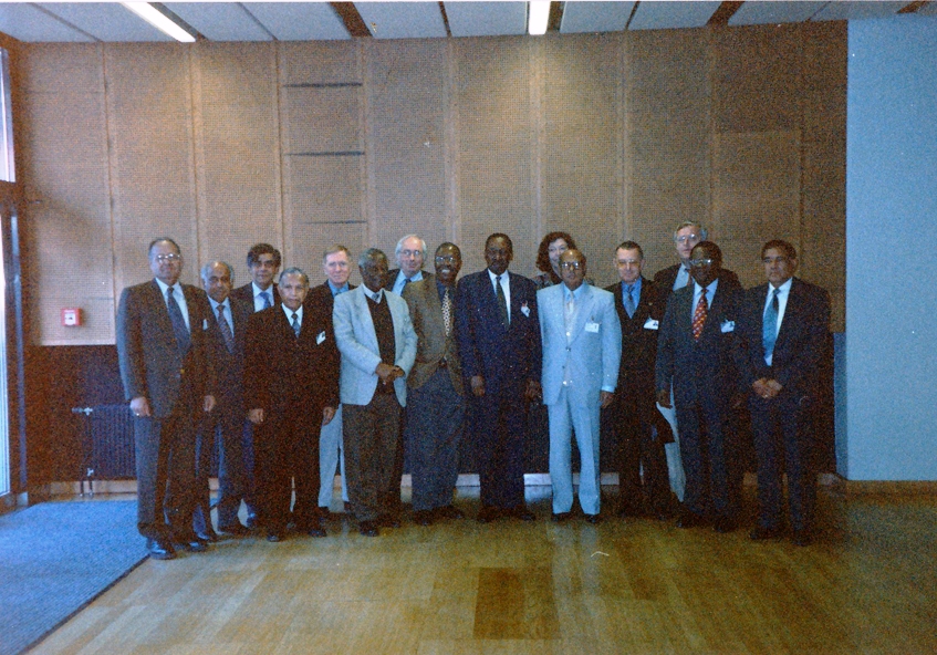 First Meeting, Vienna 2000: From left: Chief Justice Y. Bhaskar Rao, Dato Param Cumaraswamy, Dr Nihal Jayawickrama, Judge C.G.Weeramantry, Justice Michael Kirby, former Chief Justice F.L. Nyalali, Jeremy Pope, Justice Pius Langa, Chief Justice M.L. Uwais, Chief Justice Latifur Rahman, Dr Ernst Markel, Dr Petter Langseth, Justice B.J. Odoki, Justice Govind Bahadur Shrestha