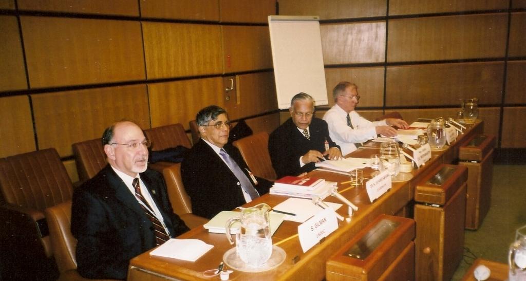 Fourth Meeting, Vienna 2005: From left: Dr Stuart Gilman (UNODC); Dr Nihal Jayawickrama; Judge Weeramantry; and Justice Michael Kirby