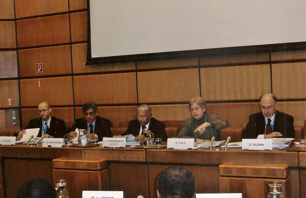 Fifth Meeting, Vienna 2007: From Left: Dr Oliver Stolpe (UNODC), Dr Nihal Jayawickrama, Judge Weeramantry, Ms. Sumru Noyan (UNODC), and Dr Stuart Gilman (UNODC)
